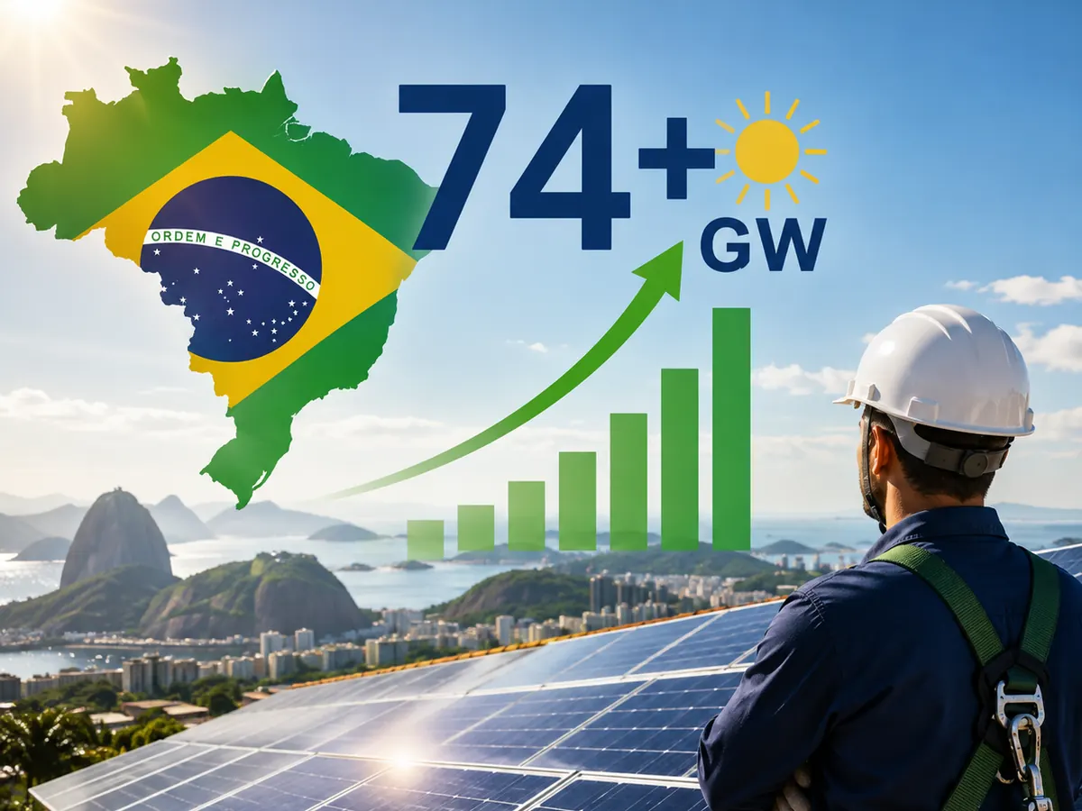 Técnico de capacete branco diante de um telhado de painéis solares, com o mapa do Brasil, a marca de 74 GW e um gráfico de barras em alta ao lado