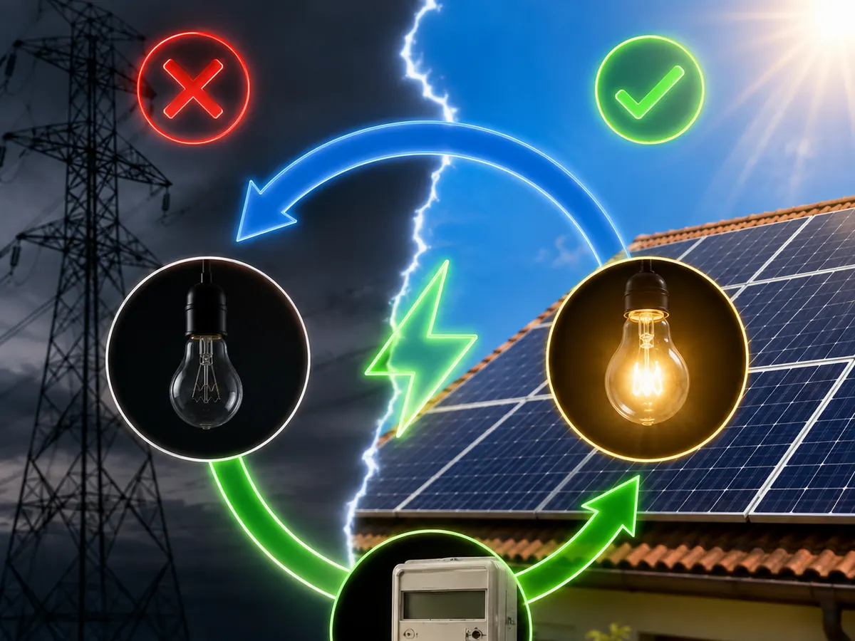 Montagem dividida entre um lado escuro, com lâmpada apagada e sinal de proibido, e um lado ensolarado, com painéis solares e lâmpada acesa