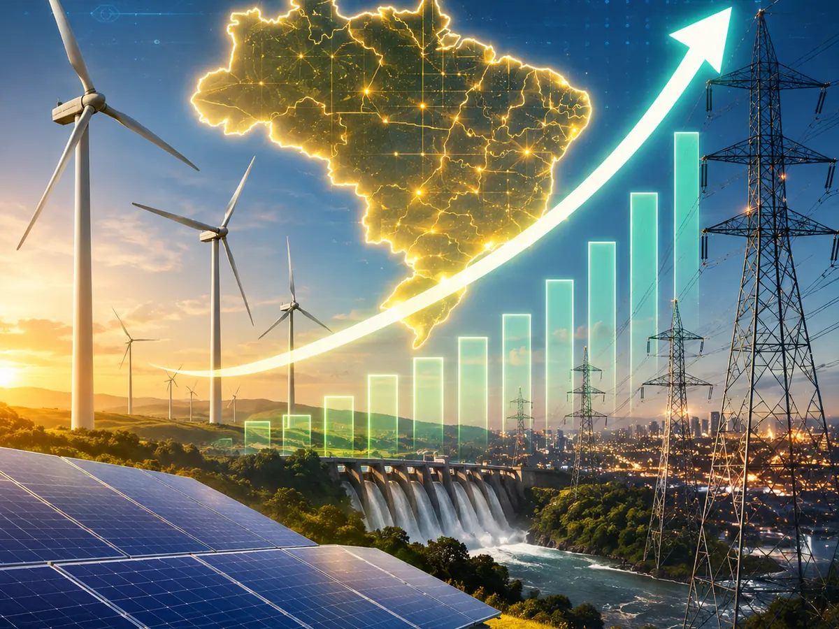 Aerogeradores, painéis solares, hidrelétrica e torres de transmissão ao entardecer, com o mapa do Brasil iluminado e um gráfico de barras em alta