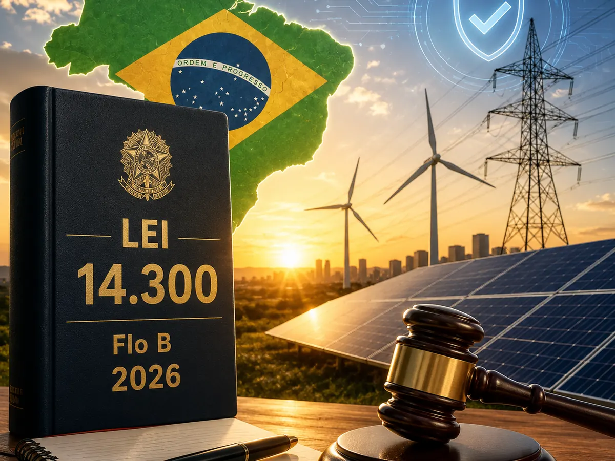 Livro com o brasão da República escrito Lei 14.300 ao lado de um martelo de juiz, com painéis solares e torres de transmissão ao fundo