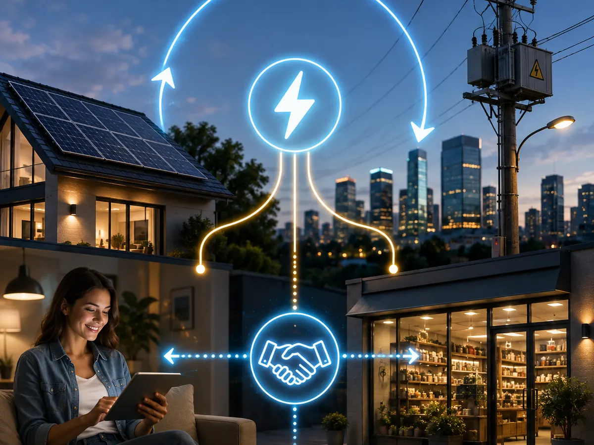 Mulher no sofá usando um tablet e um comércio iluminado, ligados por linhas de energia a um ícone de aperto de mãos, com a cidade ao fundo